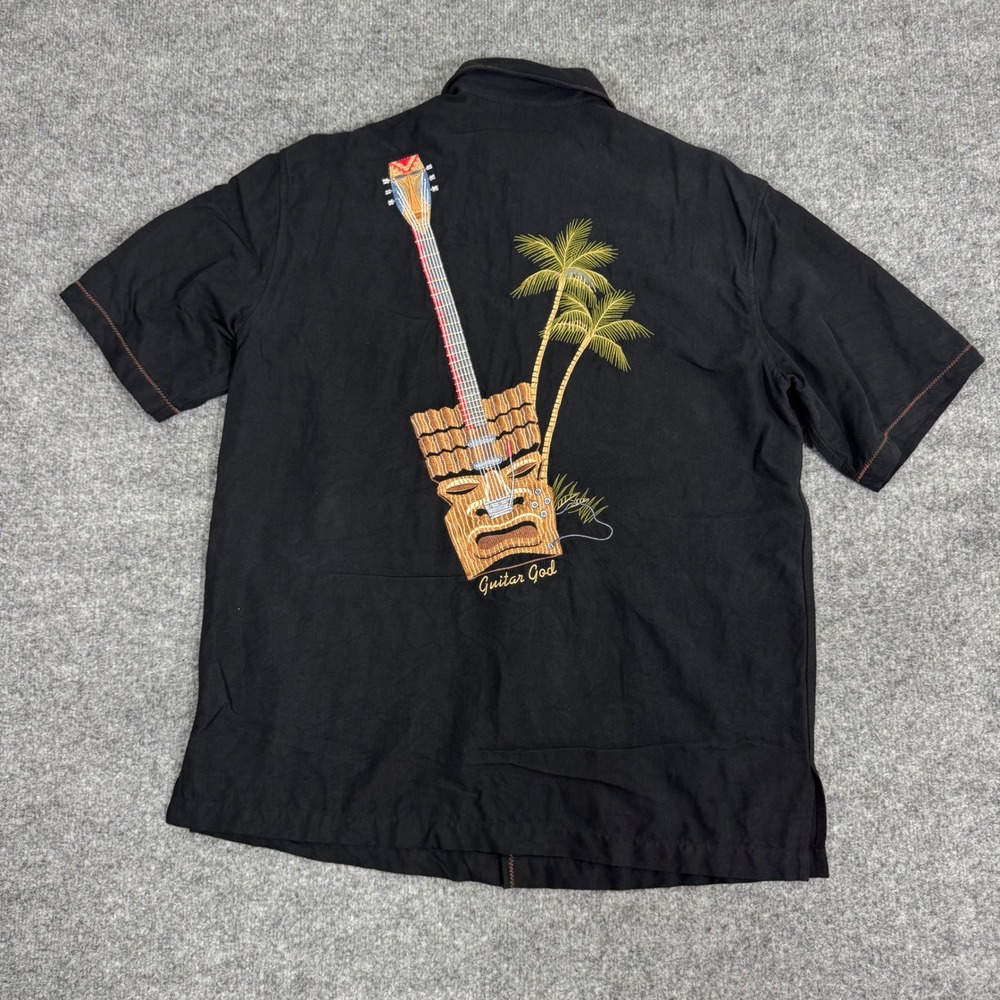 Tori Richard Guitar God Tiki Embroidered Mens Medium Black 100% Silk Shirt EUC